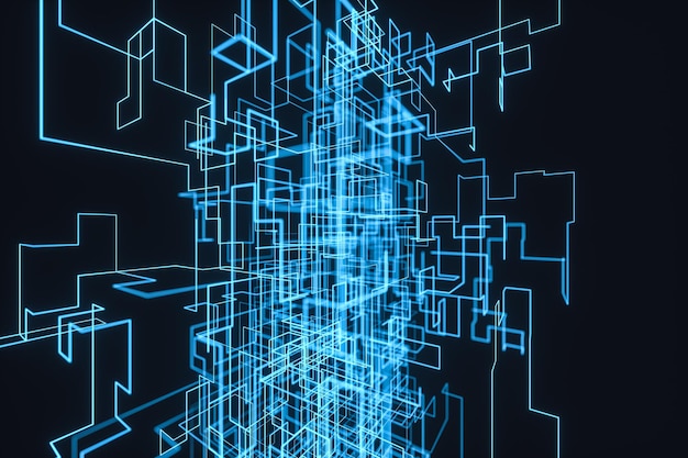 Blue cyber space with crossed glowing lines 3d rendering