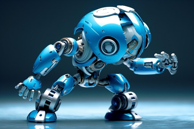 Blue cyborg toy dances with futuristic joy