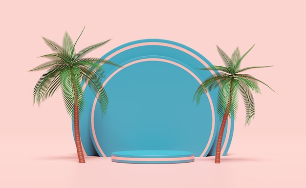 blue cylinder stage podium empty with coconut palm tree isolated on pink modern stage display minimalist mockup abstract showcase background Concept 3d illustration 3d render