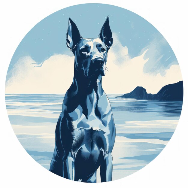 Blue Danish Dog On Beach Monochromatic Graphic Design Illustration