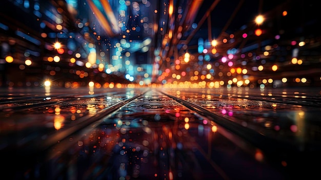Photo blue dark background of empty foggy street with wet asphalt illuminated by a searchlight smoke laser beams and bokeh abstraction raise the view from the floor move the vanishing