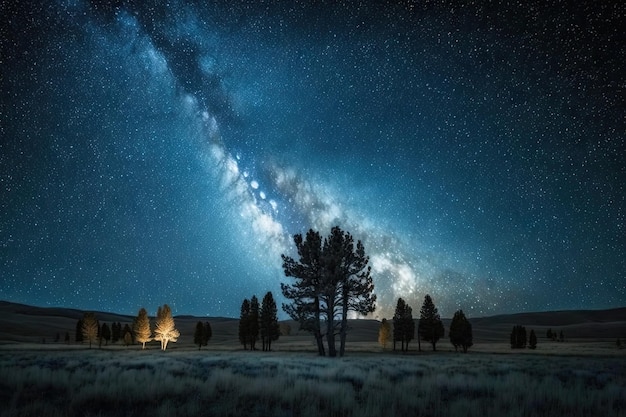 Blue dark night sky with many stars above field of trees Yellowstone park Milkyway cosmos background