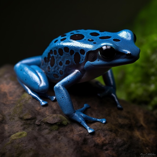 Blue dart frog Dendrobates poisonous frog on a branch bright beautiful color unusual amphibian