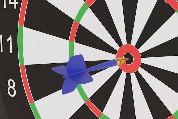 Blue dart stuck in the center of a target