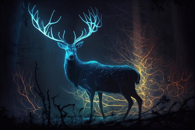 Blue deer with glowing antlers at night