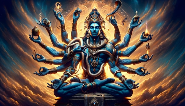 Blue deity with multiple arms in dynamic meditation adorned with serpents and radiating energy