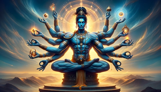 Blue deity with multiple arms in dynamic meditation adorned with serpents and radiating energy