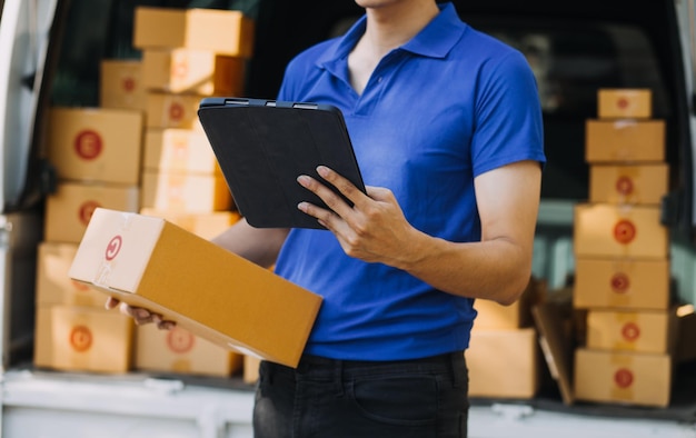 Blue Delivery Men Unloading Package From Truck With Face Mask