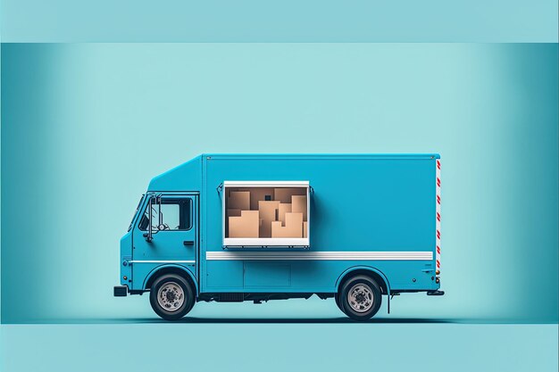 Blue delivery truck with cardboard boxes, yellow background. Generative AI