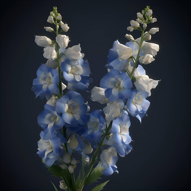 Blue delphinium flowers on a dark background 3d illustration