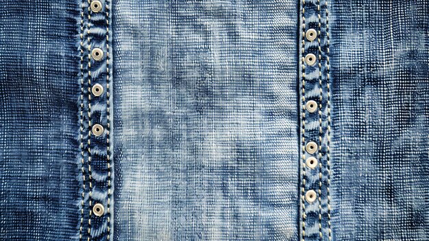 Photo blue denim fabric with silver buttons the fabric has a herringbone pattern and the buttons are arranged in a vertical row on each side