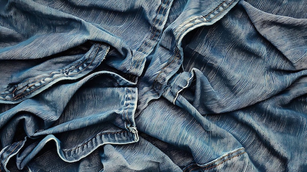 Photo blue denim fabric with wrinkles and folds detailed fabric texture denim background