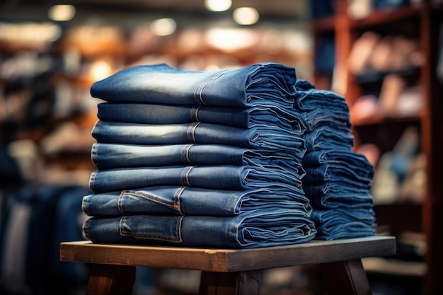 Blue denim jeans stacked on shelf in store shopping center sale casual attire denim in showroom