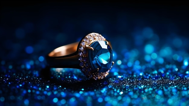 A blue diamond ring sits on a blue background