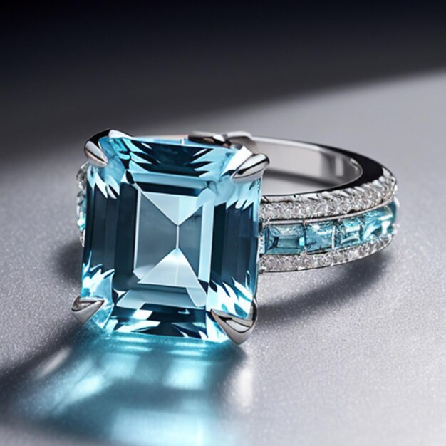 A blue diamond ring with a diamond band on the top.