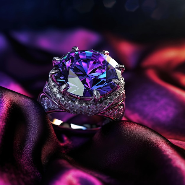 A blue diamond ring with a diamond on it is displayed on a purple cloth.