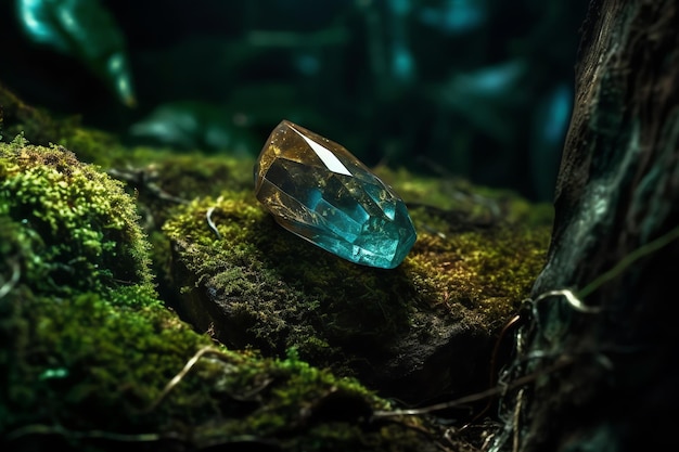苔むした岩の上に青いダイヤモンドが座っている