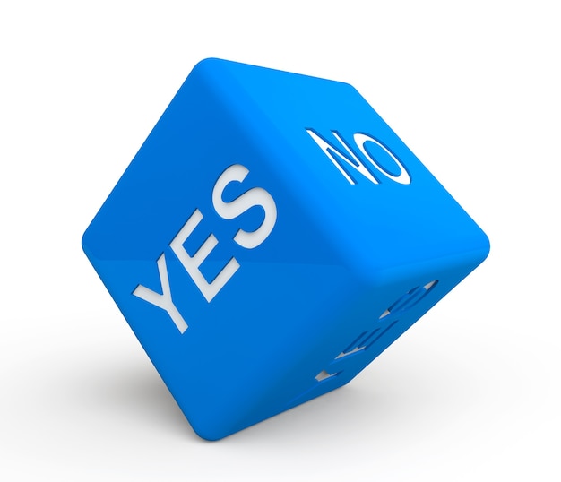 白い背景に「はい」と「いいえ」の記号が付いた青いサイコロ