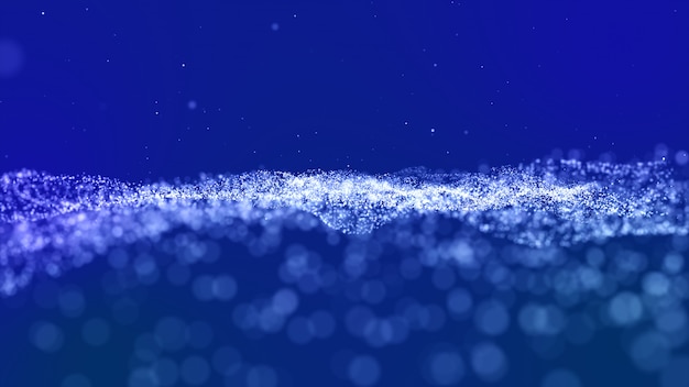 Blue digital abstract background with wave particles, glow sparkles and space with depth of field.