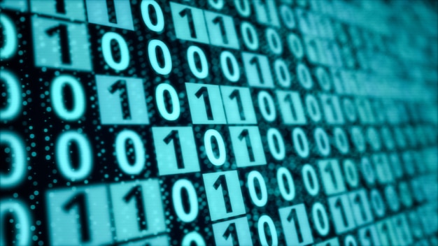 blue digital binary code matrix on computer monitor display screen, pattern of bit data block processing, modern cyber security coding technology concept background