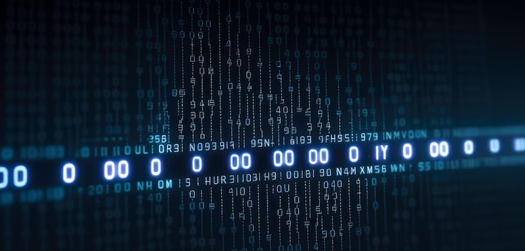 Photo blue digital binary data on computer screen background binary code background digital binary code matrix innovation future tech data internet network connection ai big data