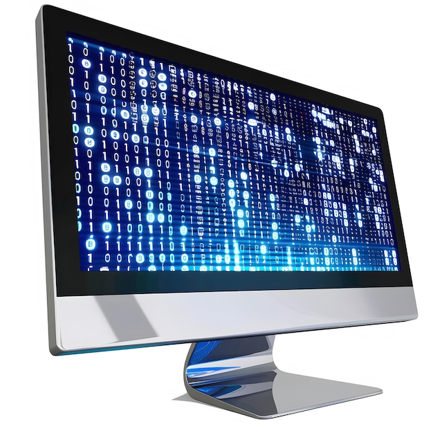 Blue digital binary data on computer screen isolated on white ...