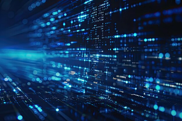 blue digital binary data network with coding and software algorithm programming