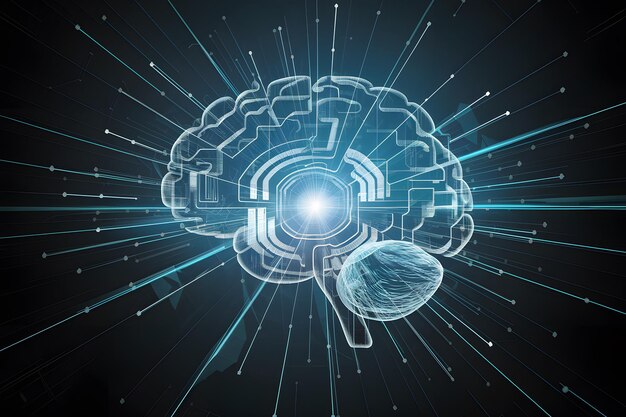 Blue digital brain in cyberspace represents futuristic artificial intelligence