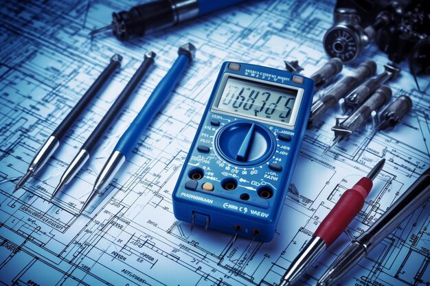 a blue digital calculator is on a table with other pens and pens