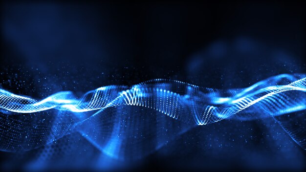 Blue digital particles wave flow with bokeh abstract background.