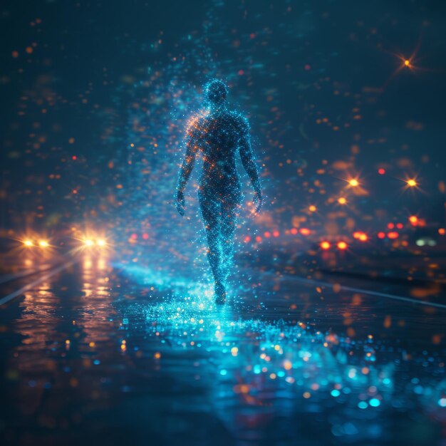 Blue digital person walking on the road