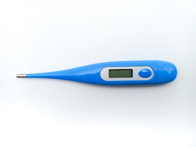 Blue Digital Thermometer Isolated On White Background View From Above