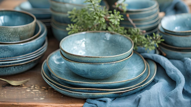 Blue dining tableware arranged on a table