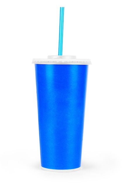 Blue disposable paper cup isolated on white