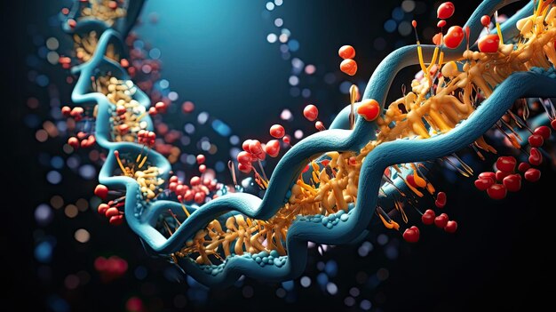 a blue dna structure with red and yellow balls