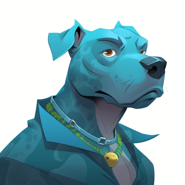 A blue dog with a blue collar and a gold bell on it.