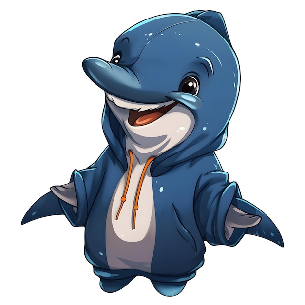 A blue dolphin with a hoodie that says dolphin on it