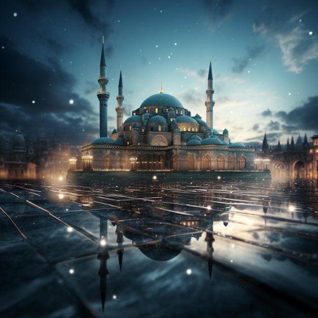 Photo blue dome mosque with a mini pond in night