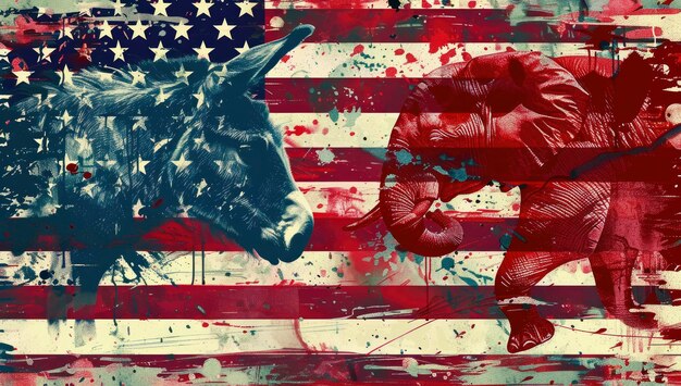 Photo a blue donkey and red elephant on an american flag background