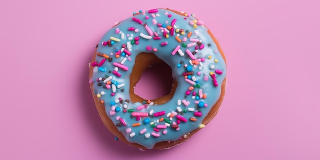 A blue donut with blue icing and sprinkles on a pink background.