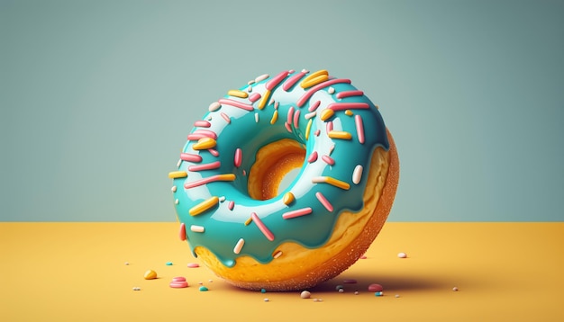 A blue donut with colorful sprinkles sits on a table.