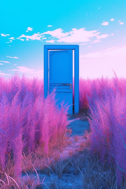 Photo a blue door in a field of purple grass