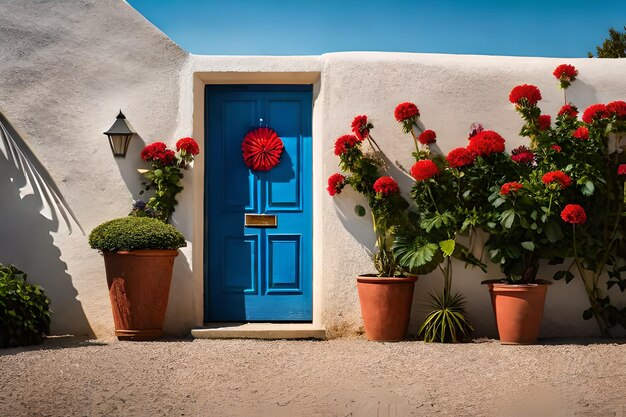 a blue door and flowers on a white wall with a blue door.