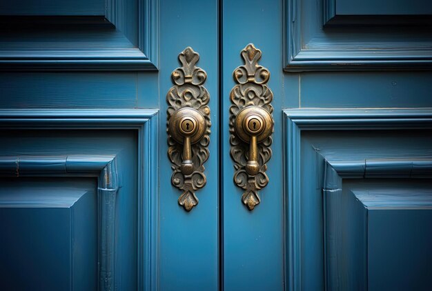 a blue door has bronze handles on it in the style of lensbaby effect