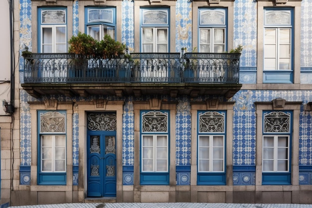 A blue door is on the front of a building