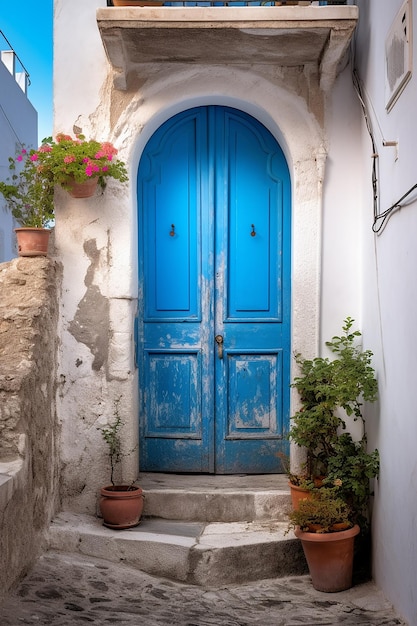 A blue door in a narrow alley