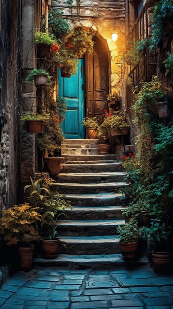 A blue door in a narrow alley