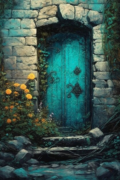 Blue door on the old house created with generative AI