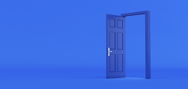 青いドア色付きの背景の部屋の入り口を開きます。青い開いたドアの3Dレンダリング。