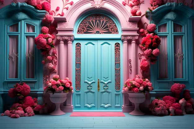 Голубая дверь, окруженная розовыми цветами и растениями в горшках